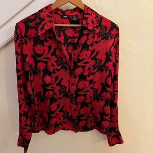 100% Silk Blouse Long Sleeve Red Floral Button Down EUC
